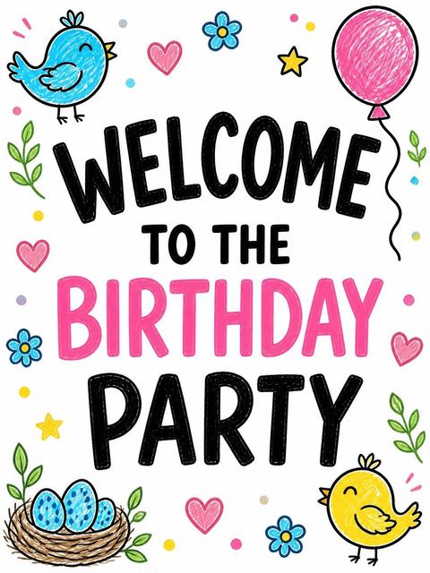 Welcome sign in the Crayon Bluebird Balloon 8th Birthday Invitation design
