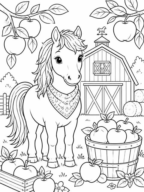 Coloring sheet in the Watercolor Pony Gingham Orchard Birthday design