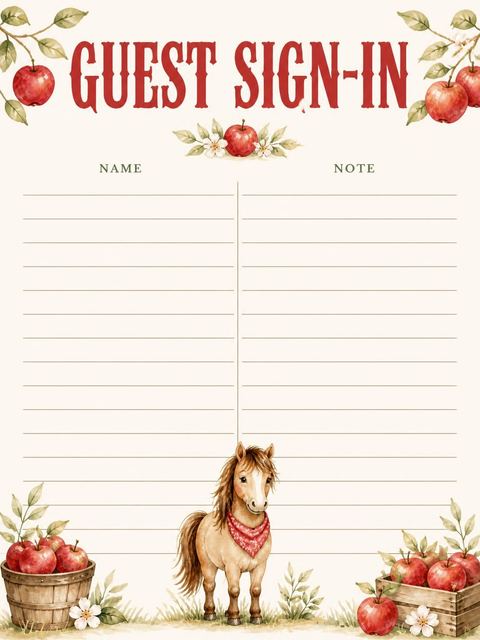 Guest sign-in sheet in the Watercolor Pony Gingham Orchard Birthday design