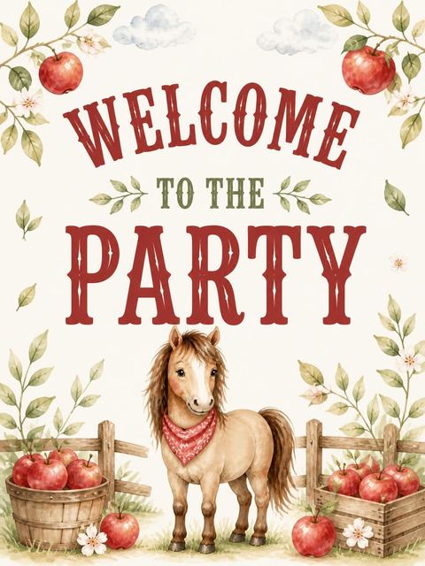 Welcome sign in the Watercolor Pony Gingham Orchard Birthday design