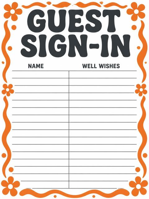 Guest sign-in sheet in the Orange Bubble Letter 90th Birthday design