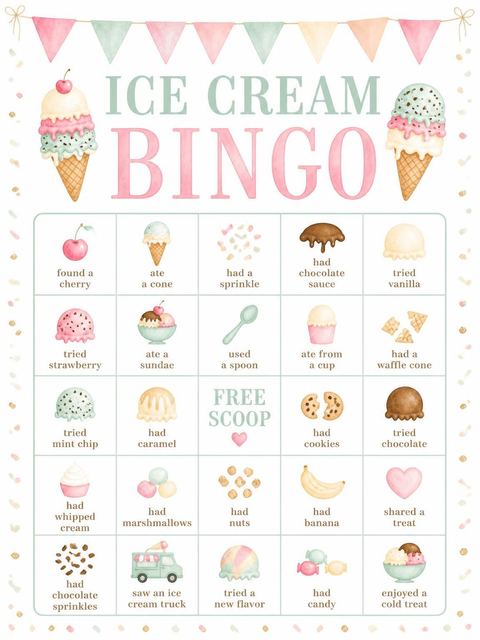 Bingo grid in the Pastel Watercolor Ice Cream 2nd Birthday design