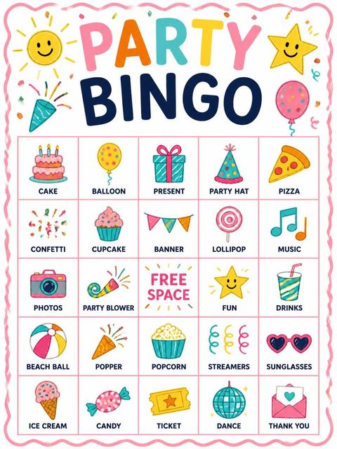 Bingo grid in the Pink Scalloped Sun Star 10th Birthday design