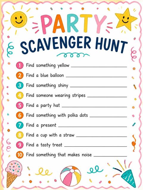 Scavenger hunt in the Pink Scalloped Sun Star 10th Birthday design