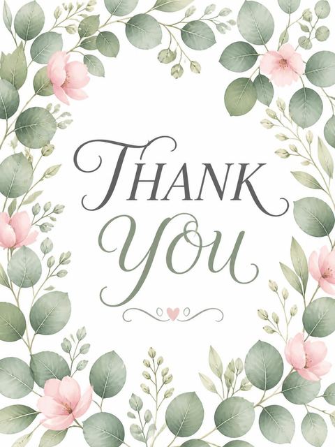 Thank-you flat in the Watercolor Eucalyptus Wreath Bridal Shower design