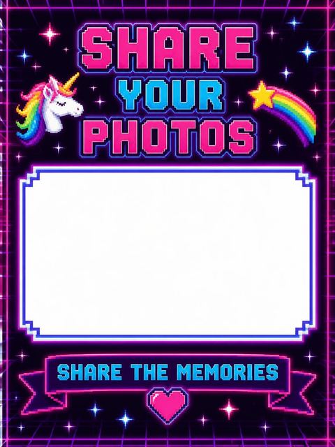 Hashtag card in the Neon Pixel Unicorn Arcade 8th Birthday design