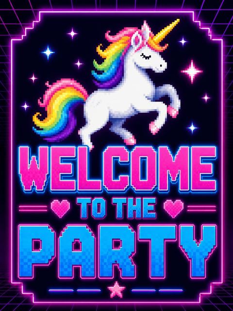 Welcome sign in the Neon Pixel Unicorn Arcade 8th Birthday design