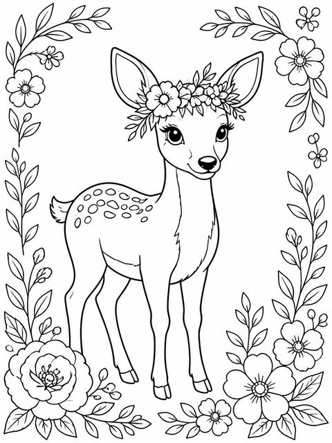 Coloring sheet in the Watercolor Fawn Floral 3rd Birthday design
