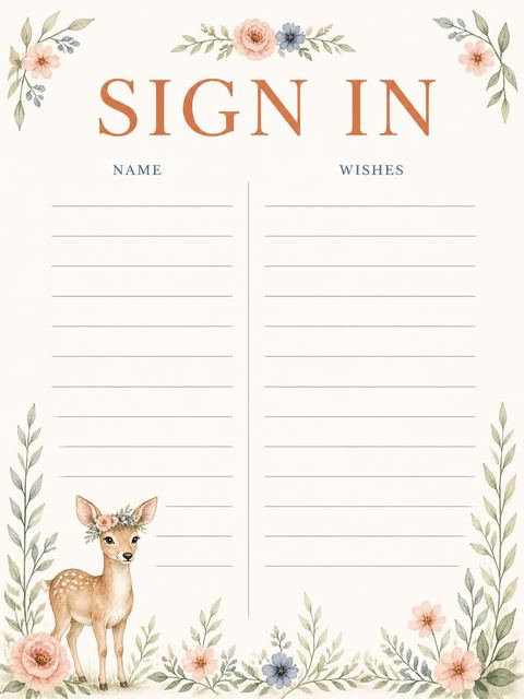 Guest sign-in sheet in the Watercolor Fawn Floral 3rd Birthday design