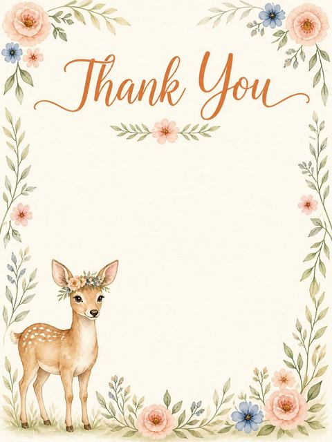 Thank-you flat in the Watercolor Fawn Floral 3rd Birthday design