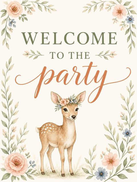 Welcome sign in the Watercolor Fawn Floral 3rd Birthday design