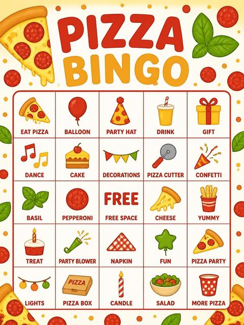 Bingo grid in the Pepperoni Pizza Illustration 4th Birthday design