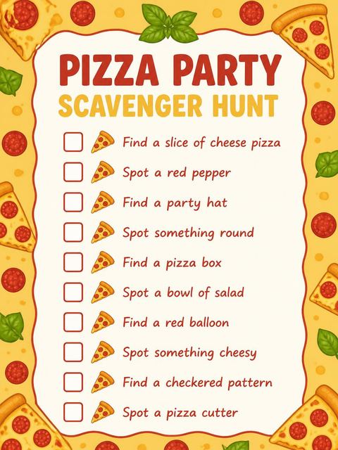 Scavenger hunt in the Pepperoni Pizza Illustration 4th Birthday design