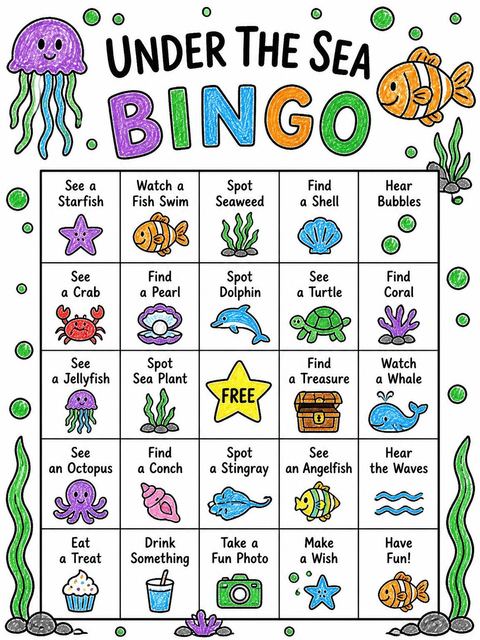 Bingo grid in the Crayon Sea-Life 6th Birthday Invitation design