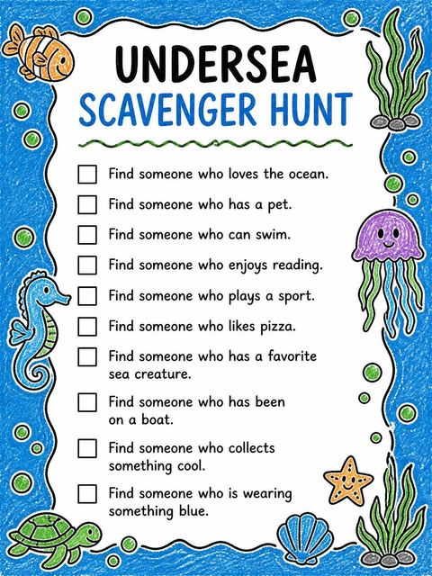 Scavenger hunt in the Crayon Sea-Life 6th Birthday Invitation design