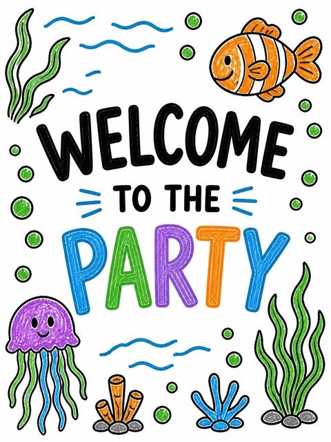 Welcome sign in the Crayon Sea-Life 6th Birthday Invitation design