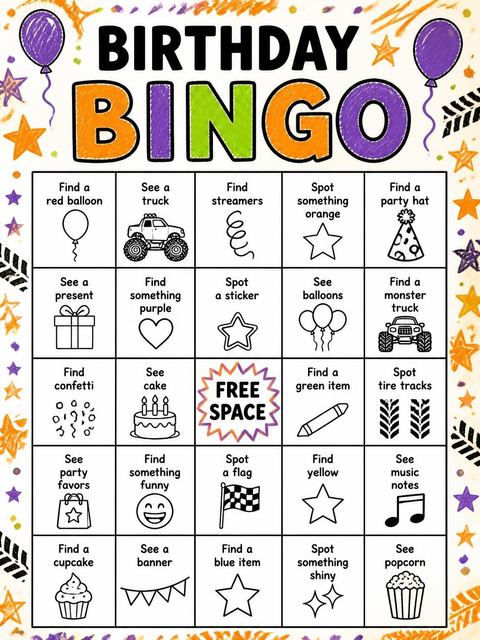 Bingo grid in the Crayon Texture Monster Truck Birthday design