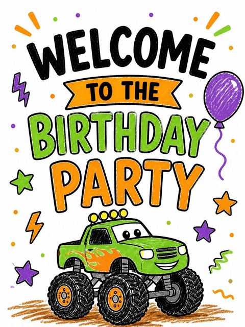 Welcome sign in the Crayon Texture Monster Truck Birthday design