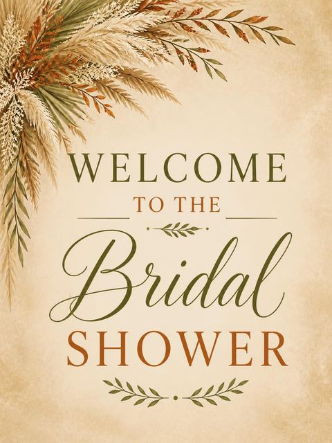 Welcome sign in the Dried Pampas Grass Bridal Shower design