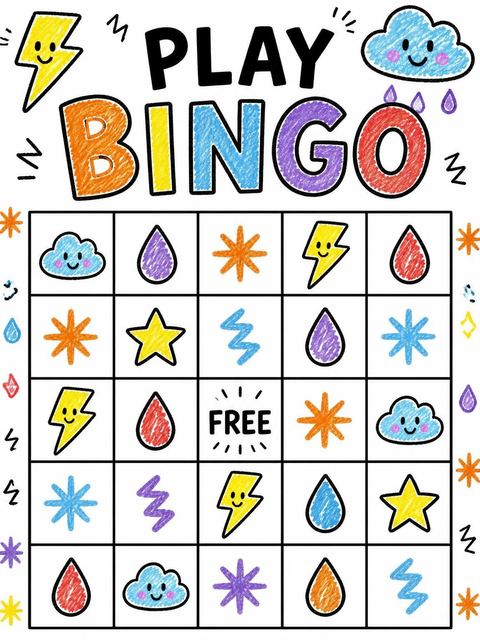 Bingo grid in the Crayon Weather Motif 3rd Birthday design