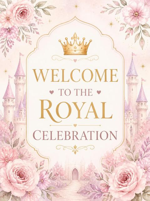 Welcome sign in the Blush Watercolor Castle 4th Birthday Invitation design