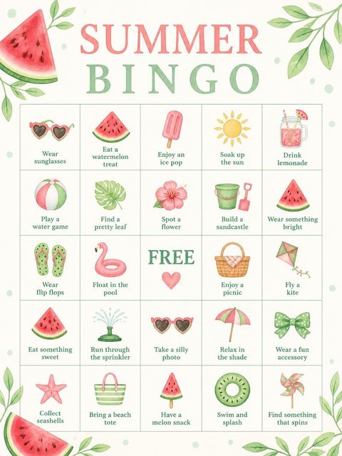 Bingo grid in the Watercolor Watermelon 1st Birthday Invitation design