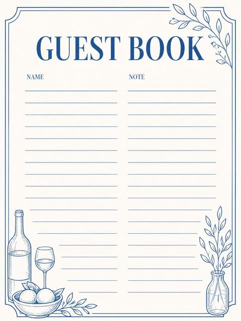 Guest sign-in sheet in the Blue Line Art Bistro Birthday Dinner design
