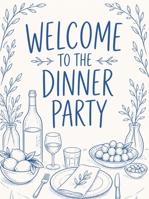 Welcome sign in the Blue Line Art Bistro Birthday Dinner design