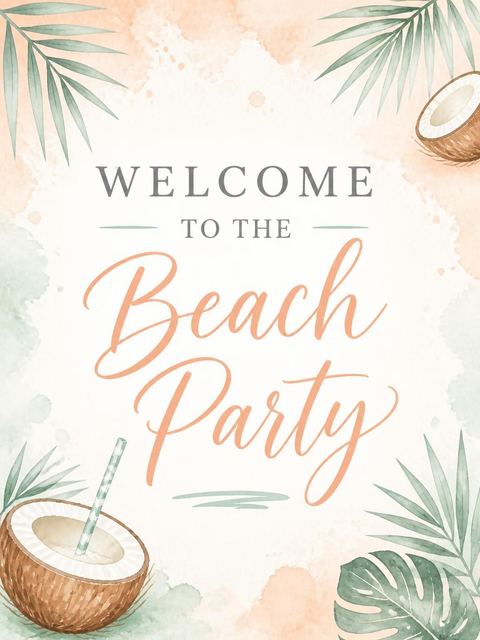Welcome sign in the Peach and Sage Watercolor Beach Party design