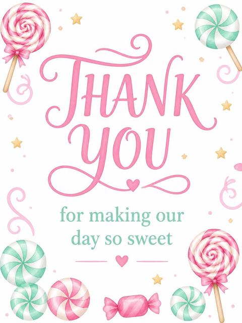 Thank-you flat in the Pastel Lollipop Candy 4th Birthday design