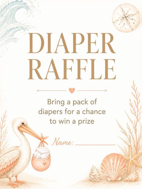Diaper raffle ticket in the Watercolor Pelican Coastal Baby Shower design