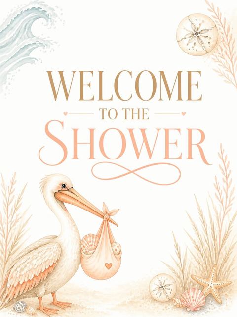 Welcome sign in the Watercolor Pelican Coastal Baby Shower design