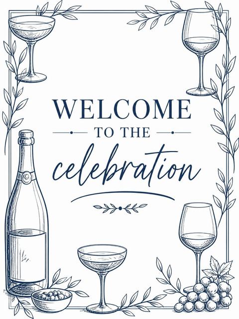 Welcome sign in the Navy Ink Sketch Champagne 40th Birthday design