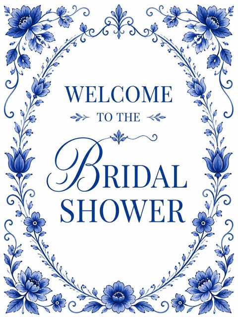 Welcome sign in the Delft Blue Porcelain Bridal Shower design