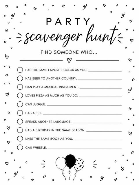Scavenger hunt in the Minimalist Black and White 9th Birthday design