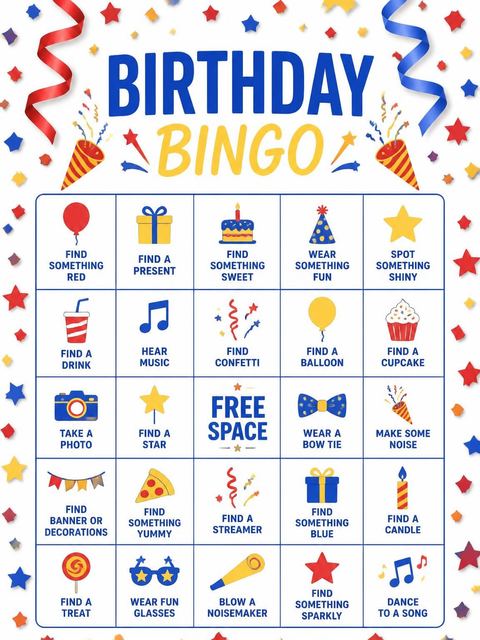 Bingo grid in the Primary Color Confetti 13th Birthday Invitation design