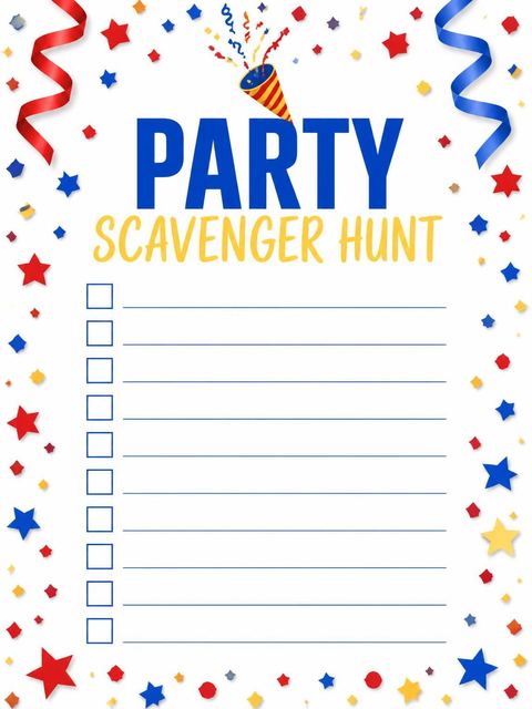 Scavenger hunt in the Primary Color Confetti 13th Birthday Invitation design