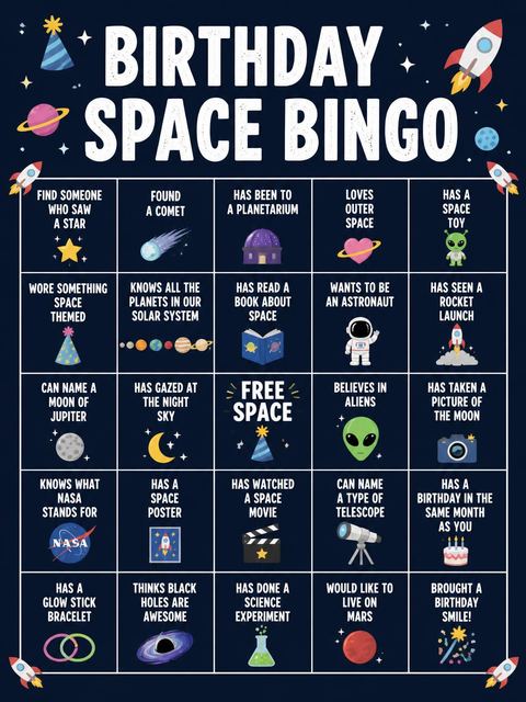 Bingo grid in the Cosmic Rocket Ship 6th Birthday Celebration design