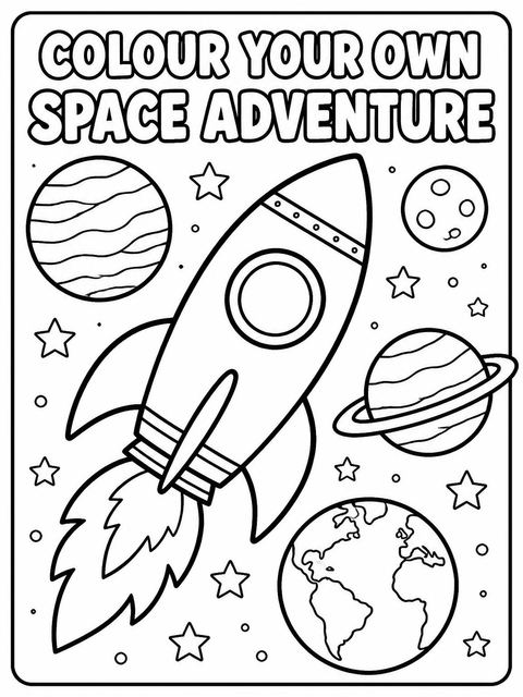 Coloring sheet in the Cosmic Rocket Ship 6th Birthday Celebration design