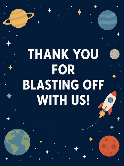 Thank-you flat in the Cosmic Rocket Ship 6th Birthday Celebration design