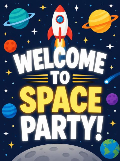Welcome sign in the Cosmic Rocket Ship 6th Birthday Celebration design