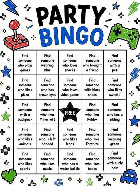 Bingo grid in the Pixel Art Gaming 4th Birthday Invitation design