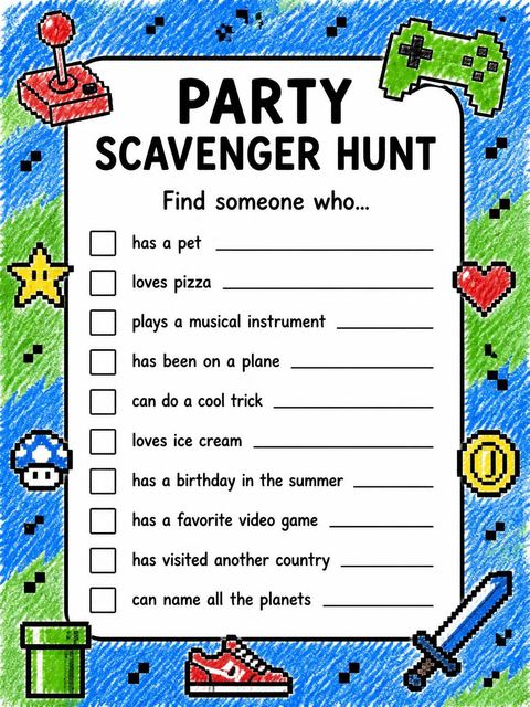Scavenger hunt in the Pixel Art Gaming 4th Birthday Invitation design