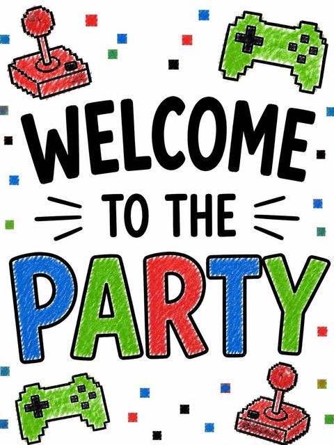 Welcome sign in the Pixel Art Gaming 4th Birthday Invitation design