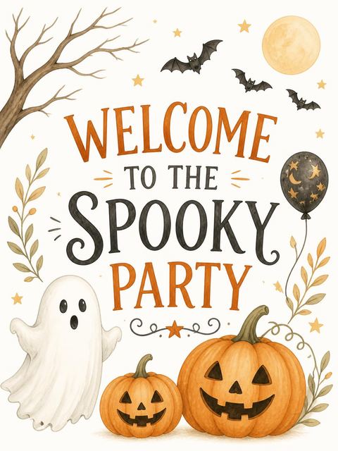 Welcome sign in the Little Monsters Halloween 5th Birthday Party design