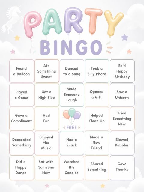 Bingo grid in the Pastel Balloon Unicorn 5th Birthday design