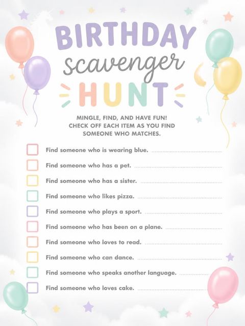 Scavenger hunt in the Pastel Balloon Unicorn 5th Birthday design