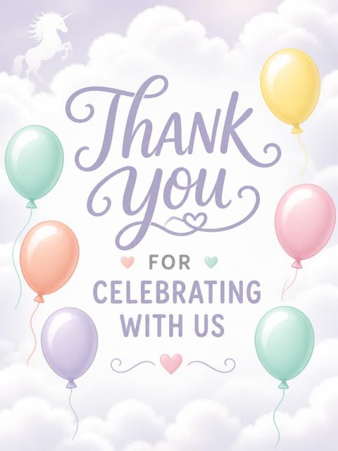 Thank-you flat in the Pastel Balloon Unicorn 5th Birthday design