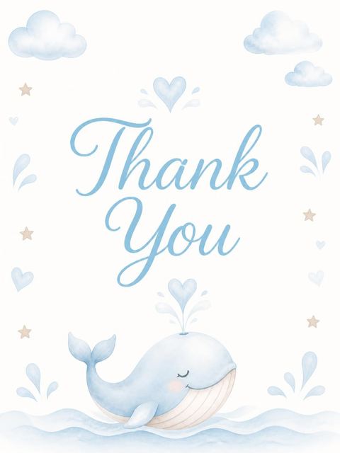 Thank-you flat in the Blue Watercolor Whale Baby Shower design