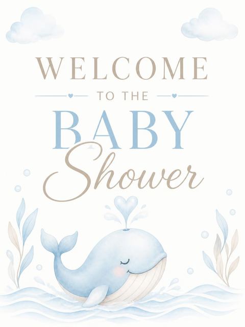 Welcome sign in the Blue Watercolor Whale Baby Shower design